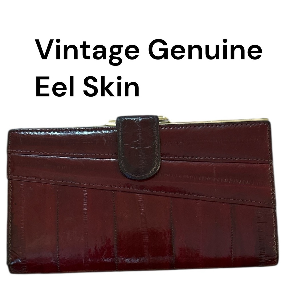 Vintage Genuine Eelskin Wallet Burgundy Red Tone Gold Frame Credit Card Wallet